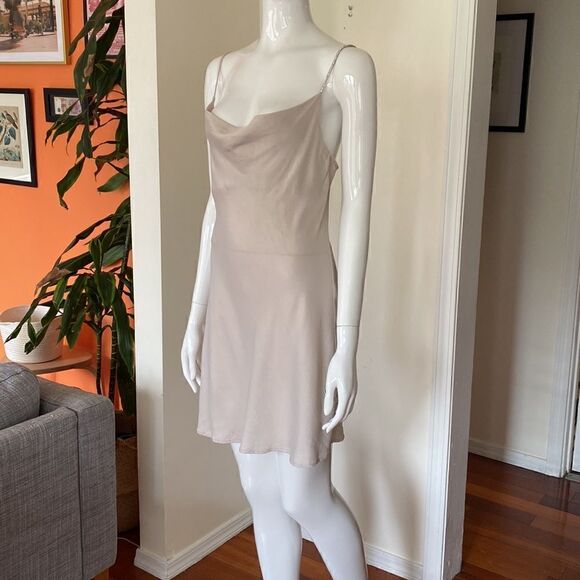 Zara Cream Satin Cowl Neck Mini Slip Dress with Rhinestone Strap Size M - Picture 3 of 12